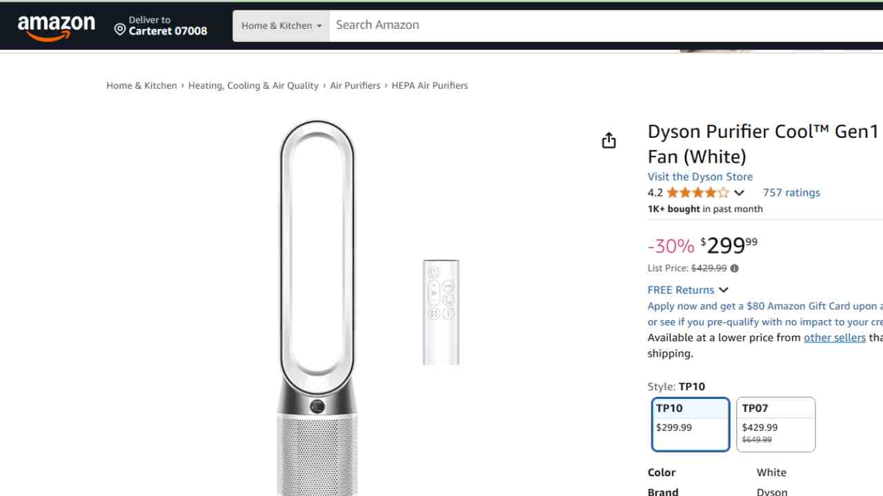 Dyson Purifier Cool™ Gen1 TP10 with a great discount on Amazon